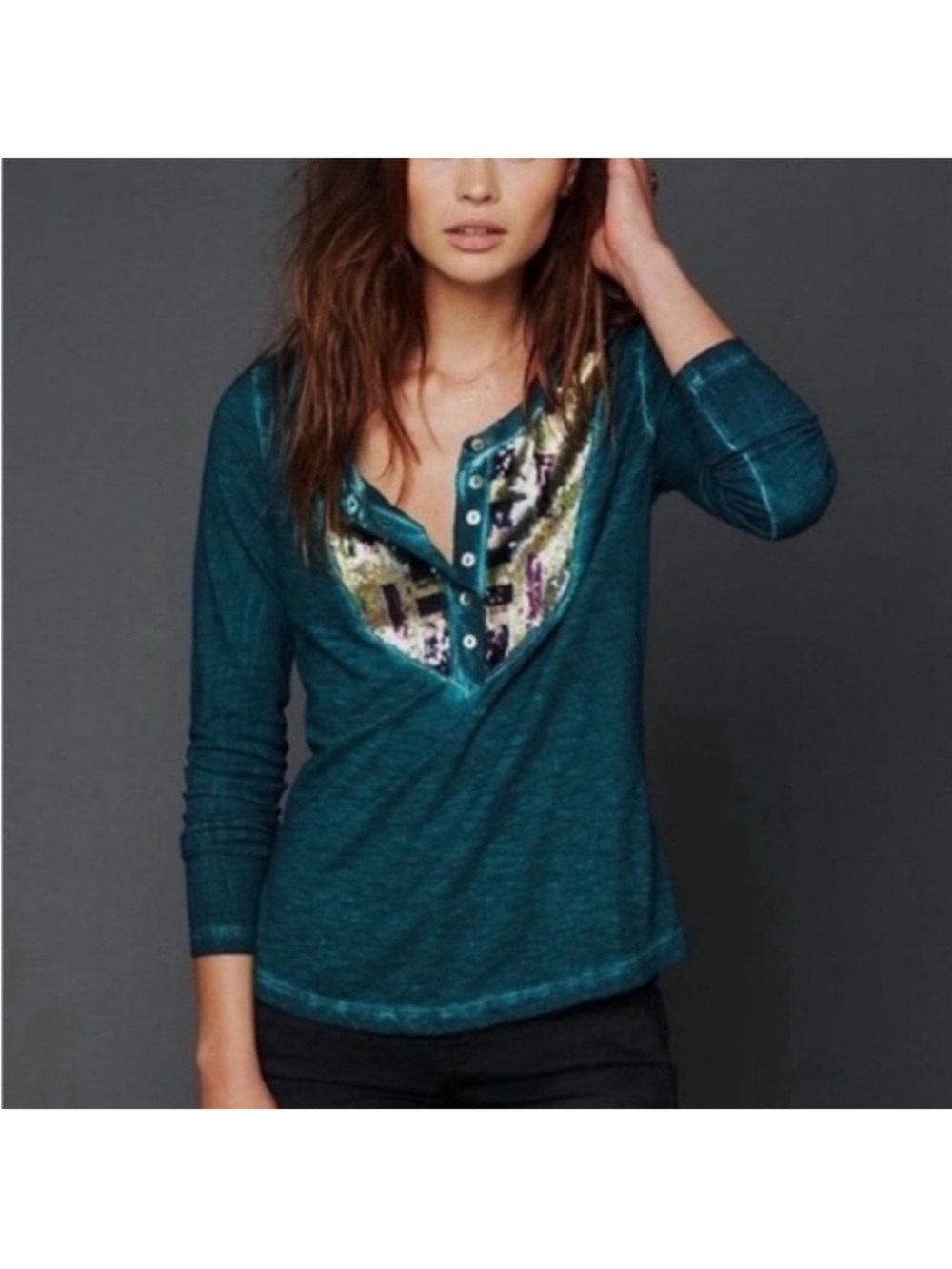 EUC Free People Teal Long-Sleeve Henley with Gold Sequin Embellishment Small